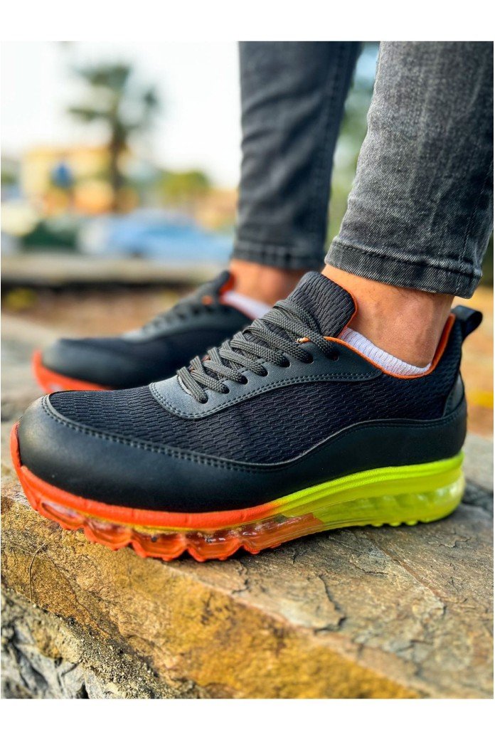 CH181 İpekyol Erkek Günlük Bağcıklı Cilt Triko Spor Sneaker Ayakkabı CTRT - Siyah/Turuncu