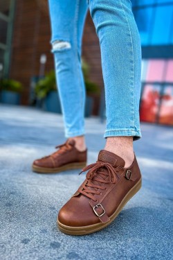 CH191 Side Buckle Erkek Günlük Bağcıklı Krep Taban Cilt Spor Sneaker Ayakkabı CKT - Taba