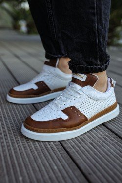 CH201 Hercules Erkek Günlük Bağcıklı Cilt Spor Sneaker Ayakkabı CBT - Beyaz/Taba