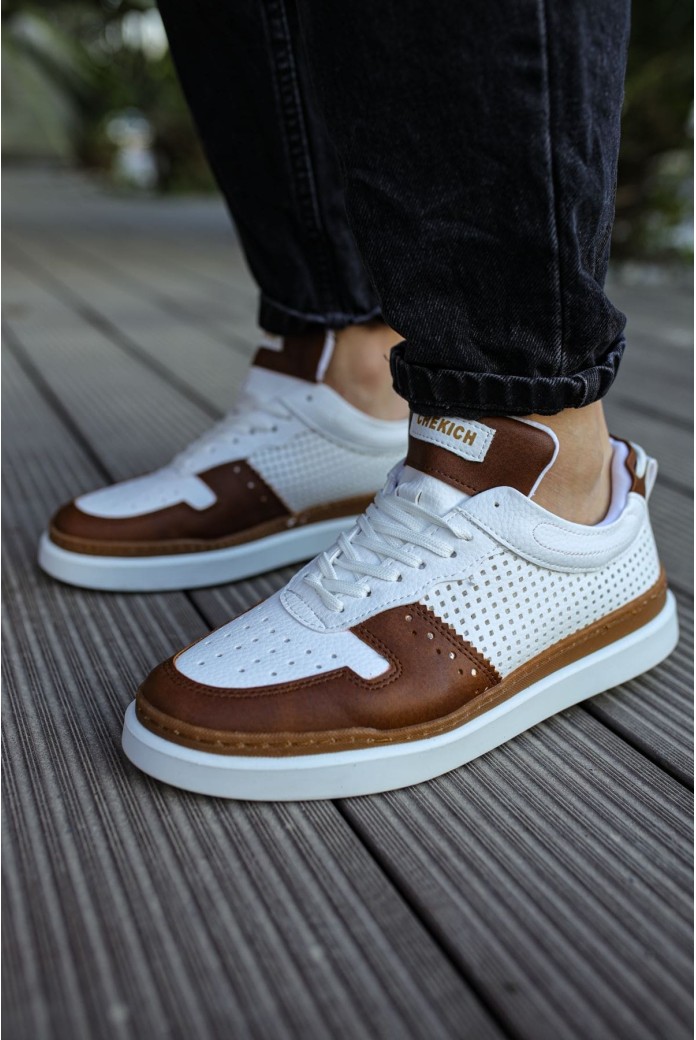 CH201 Hercules Erkek Günlük Bağcıklı Cilt Spor Sneaker Ayakkabı CBT - Beyaz/Taba
