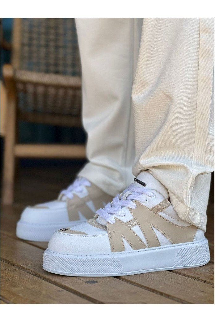 CH2407 Star - X Erkek Günlük Bağcıklı Cilt Spor Sneaker Ayakkabı CBT - Beyaz/Bej