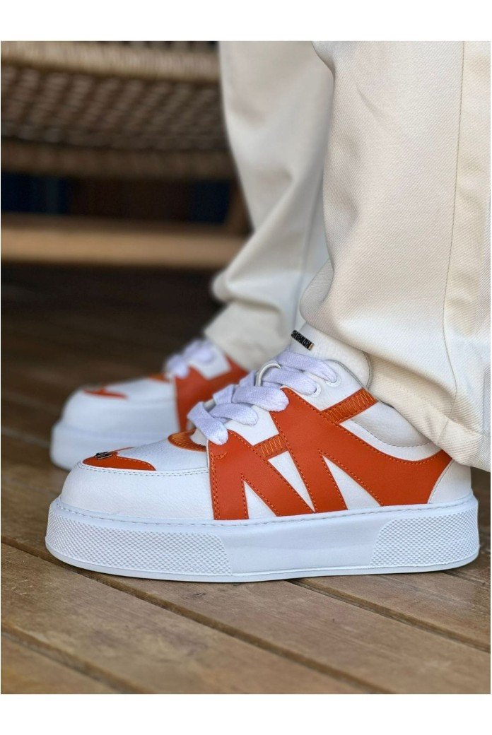 CH2407 Star - X Erkek Günlük Bağcıklı Cilt Spor Sneaker Ayakkabı CBT - Beyaz/Turuncu