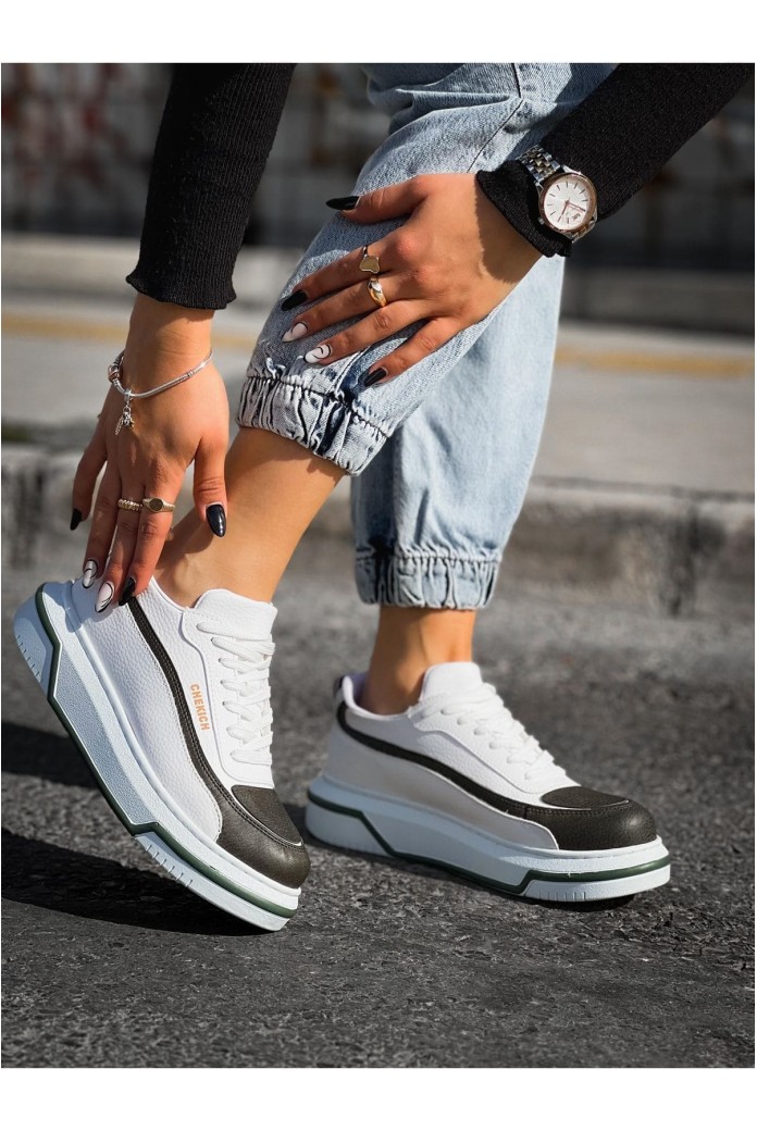CH241 Signature Line Up Erkek Günlük Bağcıklı Cilt Spor Sneaker Ayakkabı CBT - Beyaz/Haki