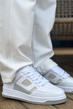 CH2410 Avax Erkek Günlük Bağcıklı Cilt Spor Sneaker Ayakkabı CBT - Beyaz/Bej