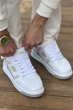 CH2410 Avax Erkek Günlük Bağcıklı Cilt Spor Sneaker Ayakkabı CBT - Beyaz/Bej