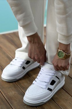 CH2410 Avax Erkek Günlük Bağcıklı Cilt Spor Sneaker Ayakkabı CBT - Beyaz/Siyah