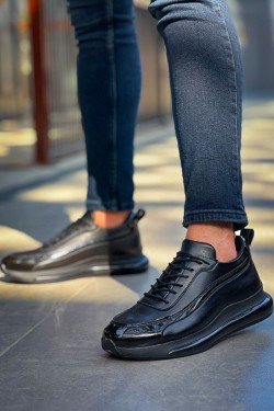 CH2419 Cools Erkek Günlük Bağcıklı Cilt Rugan Spor Sneaker Ayakkabı CRST - Siyah