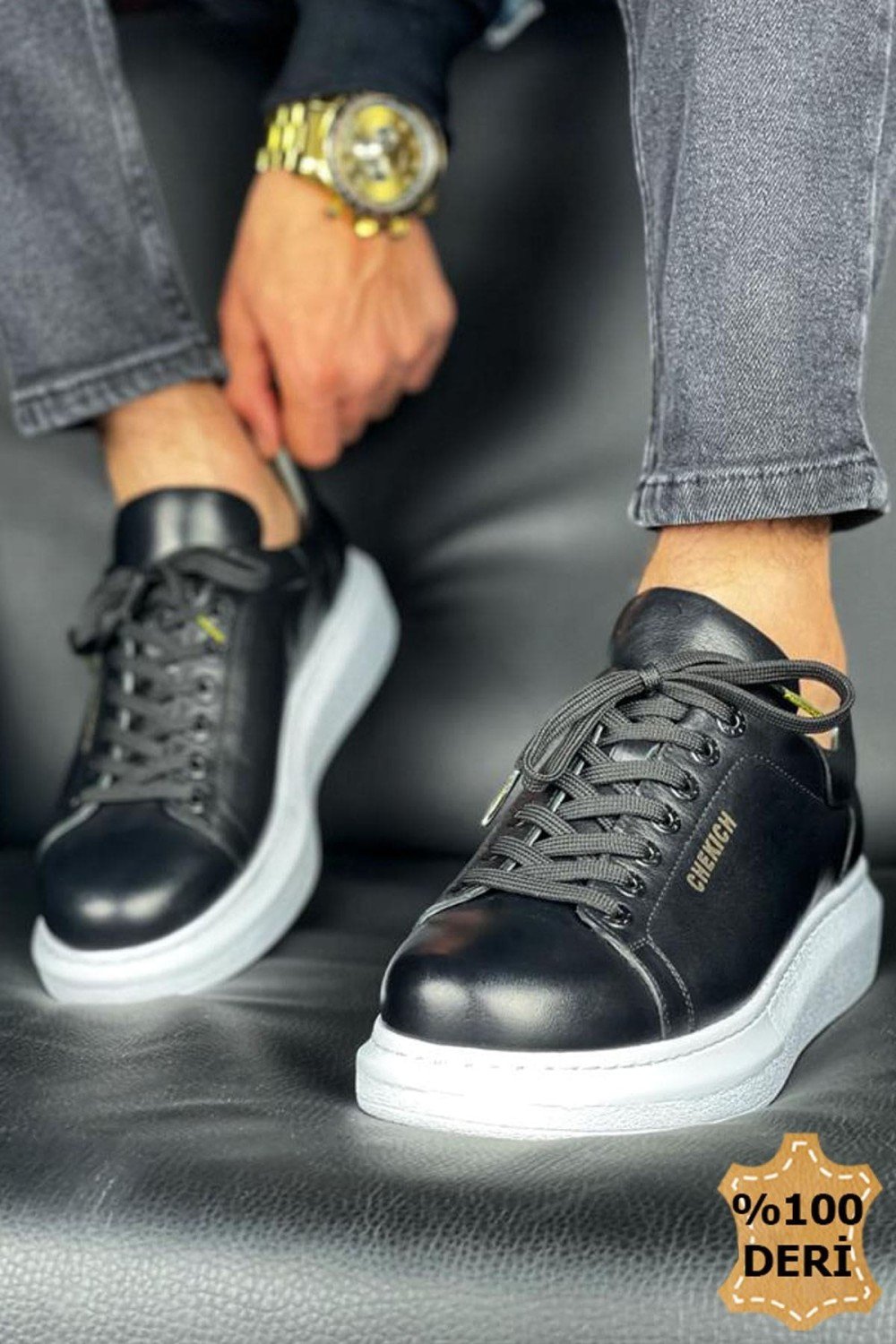CH257 Estrellas Erkek Günlük Bağcıklı Hakiki Deri Spor Sneaker Ayakkabı DBT - Siyah – Chekich Erkek Ayakkabı