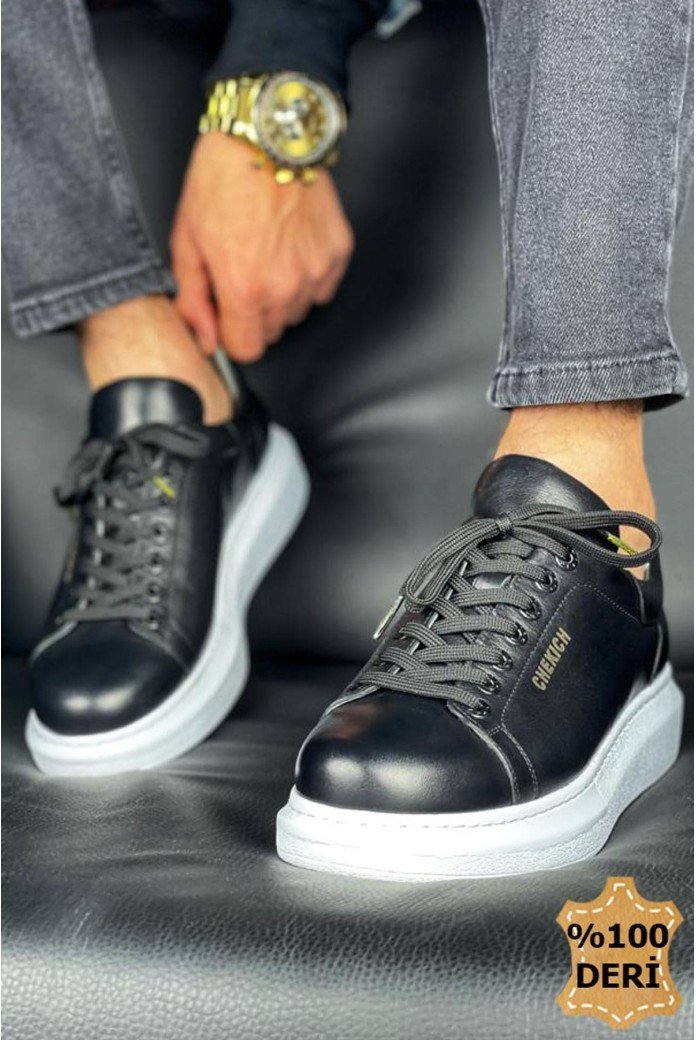 CH257 Estrellas Erkek Günlük Bağcıklı Hakiki Deri Spor Sneaker Ayakkabı DBT - Siyah