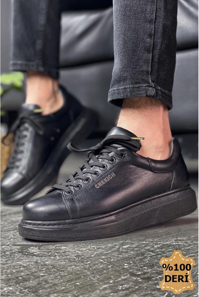 CH257 Estrellas Erkek Günlük Bağcıklı Hakiki Deri Spor Sneaker Ayakkabı DST - Siyah
