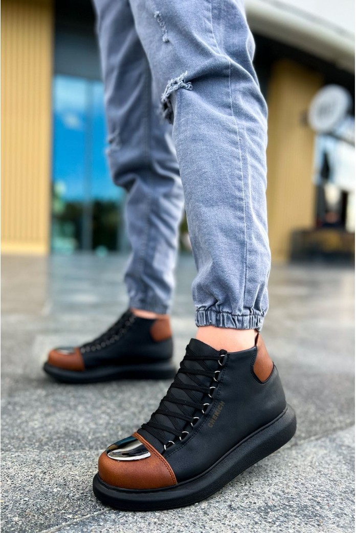 CH267 Roma Mirror Erkek Spor Günlük Bağcıklı Cilt Bot CST - Siyah/Taba