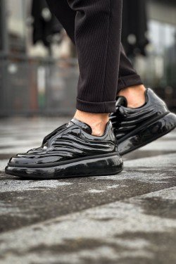 CH295 Sollıevo Erkek Günlük Bağcıklı Rugan Spor Sneaker Ayakkabı RST - Siyah