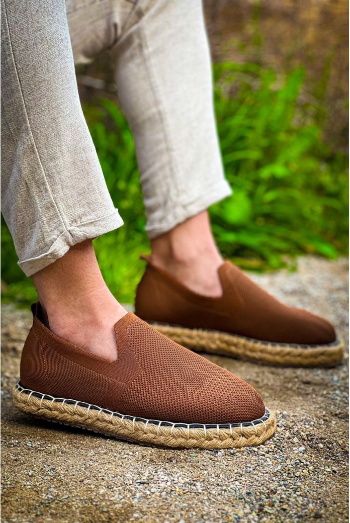 CH305 Erkek Günlük Bağcıksız Hasır Taban Triko Klasik Ayakkabı THT - Kahverengi
