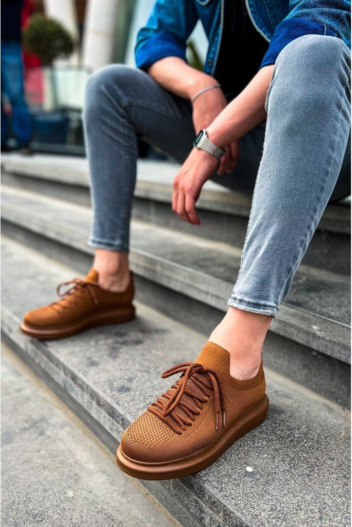 CH307 Tricot Erkek Günlük Bağcıklı Triko Spor Sneaker Ayakkabı TKT - Kahverengi