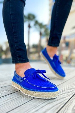 CH311 Espadril Erkek Günlük Bağcıklı Hasır Taban Triko Klasik Ayakkabı THT - Mavi