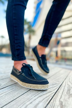 CH311 Espadril Erkek Günlük Bağcıklı Hasır Taban Triko Klasik Ayakkabı THT - Siyah