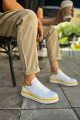 CH979 Santoni Erkek Günlük Bağcıklı Cilt Spor Sneaker Ayakkabı CBT - Beyaz/Sarı