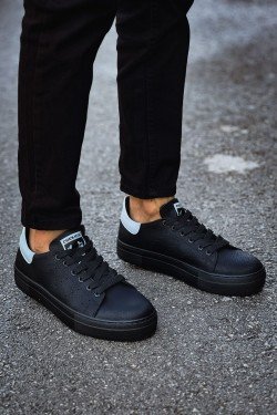 CH983 Tennis Erkek Günlük Bağcıklı Cilt Spor Sneaker Ayakkabı CST - Siyah/Beyaz