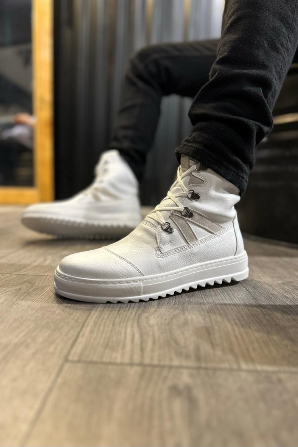 KN-B12 Erkek Spor Günlük Bağcıklı Cilt Bot CBT - Beyaz – Knack Erkek Ayakkabı