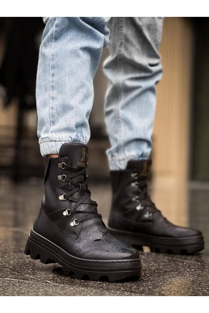 KN-B14 Erkek Spor Günlük Bağcıklı Cilt Bot CST - Siyah