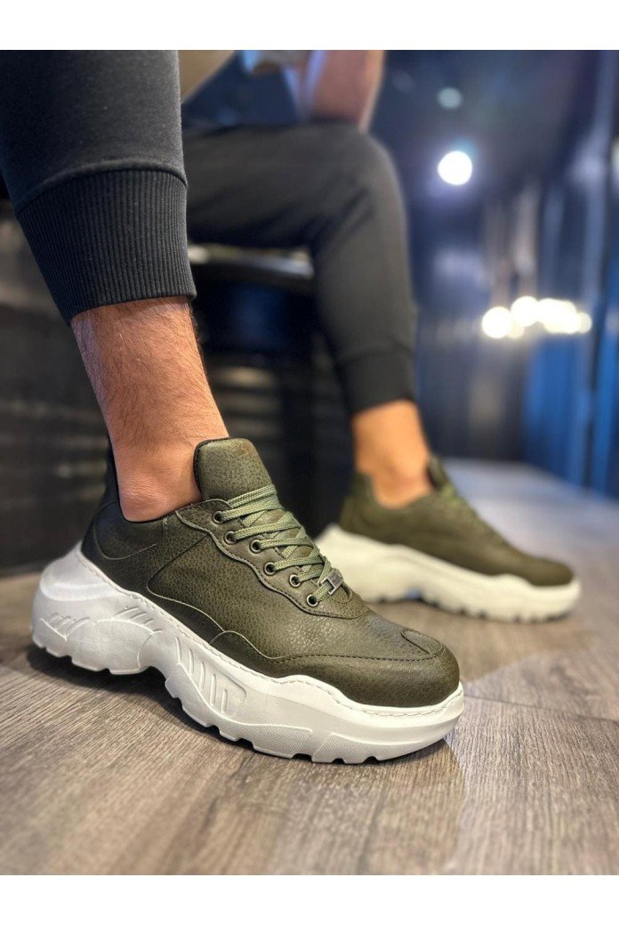 KN-N75 Erkek Günlük Bağcıklı Cilt Spor Sneaker Ayakkabı CBT - Haki