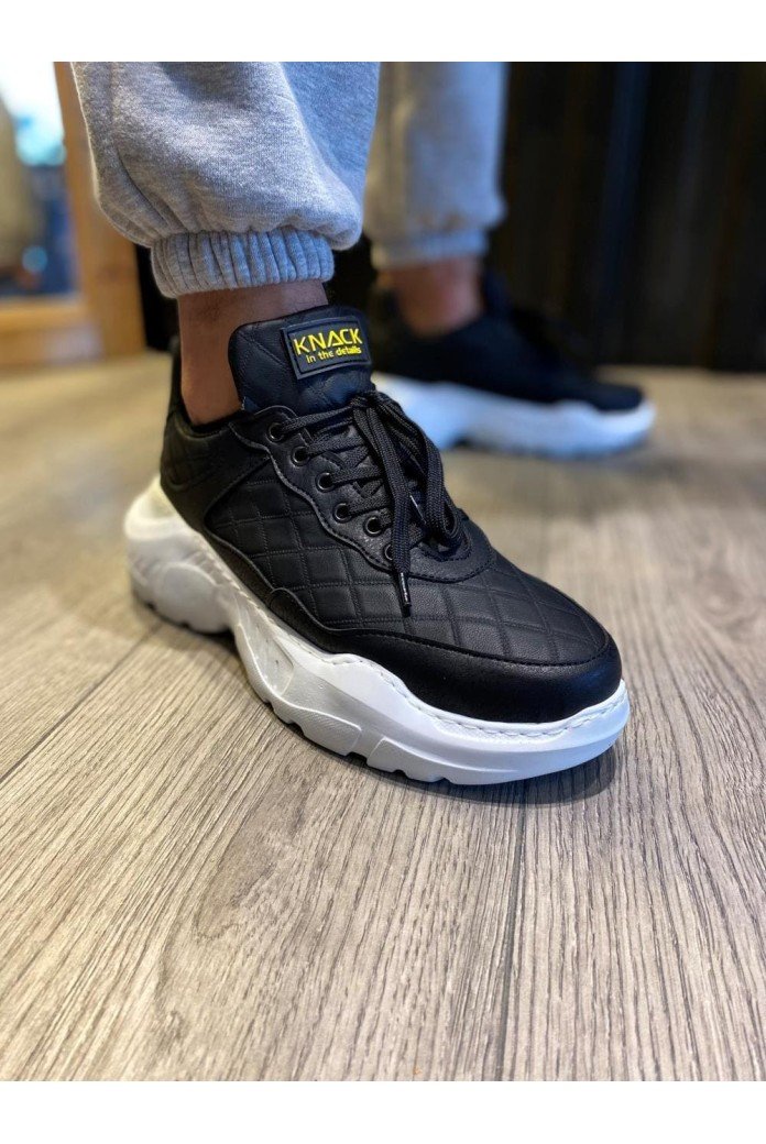 KN-N75 Erkek Günlük Bağcıklı Kapitone Desenli Cilt Spor Sneaker Ayakkabı CBT - Siyah