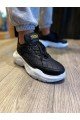 KN-N75 Erkek Günlük Bağcıklı Kapitone Desenli Cilt Spor Sneaker Ayakkabı CBT - Siyah