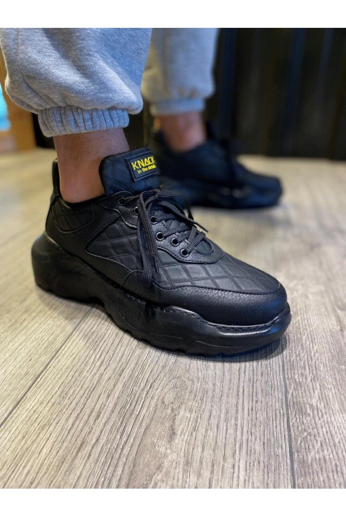 KN-N75 Erkek Günlük Bağcıklı Kapitone Desenli Cilt Spor Sneaker Ayakkabı CST - Siyah