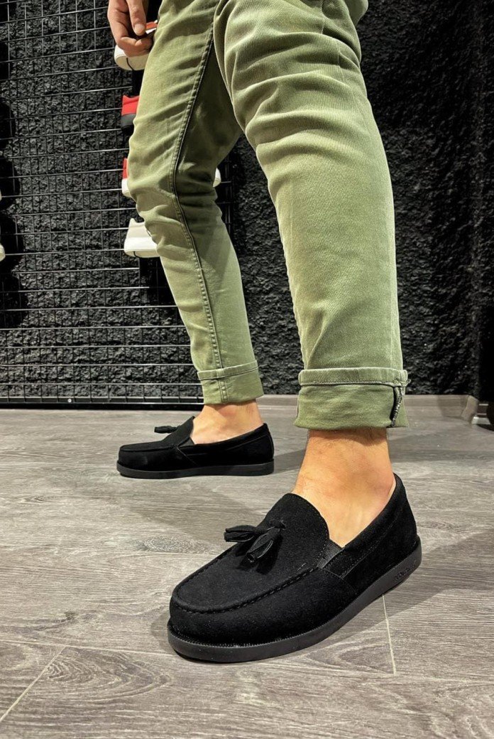 KN007 Erkek Günlük Bağcıksız Loafer Corcik Süet Klasik Ayakkabı SST - Siyah
