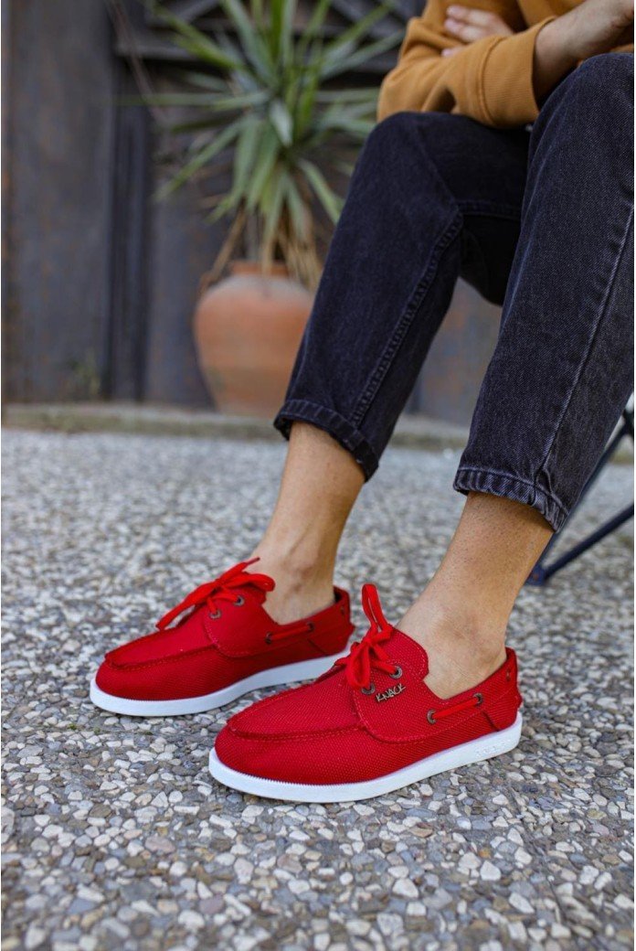 KN008 Erkek Günlük Bağcıklı Keten Klasik Ayakkabı KBT - Kırmızı