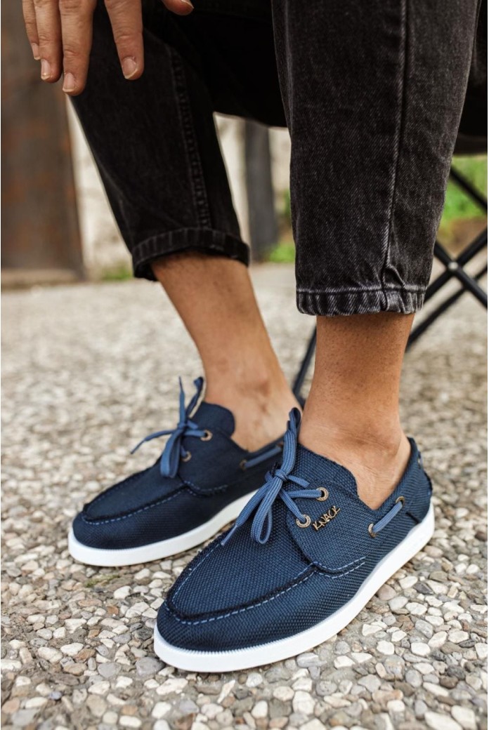 KN008 Erkek Günlük Bağcıklı Keten Klasik Ayakkabı KBT - Mavi