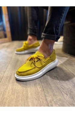 KN009 Erkek Günlük Bağcıklı Keten Klasik Ayakkabı KBT - Sarı