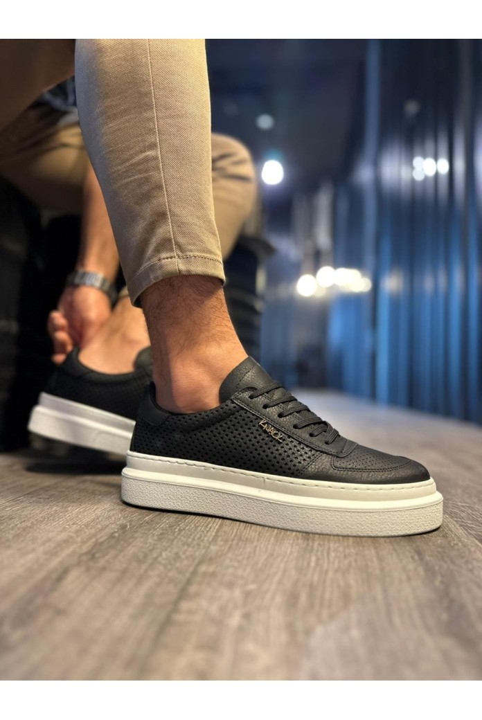 KN013 Erkek Günlük Bağcıklı Cilt Spor Sneaker Ayakkabı CBT - Siyah