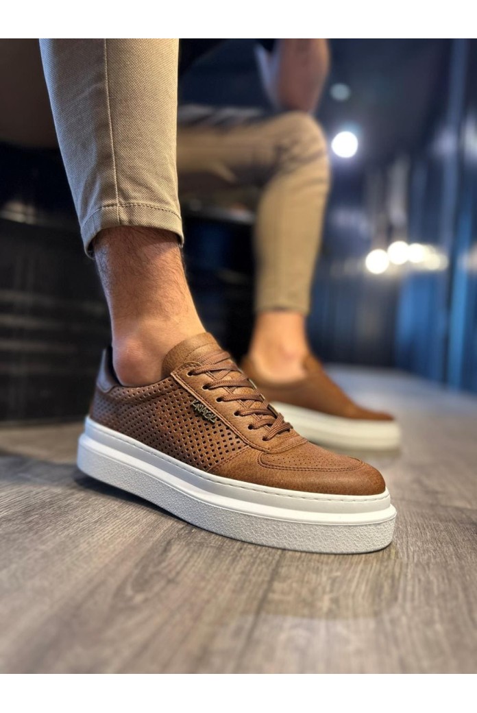KN013 Erkek Günlük Bağcıklı Cilt Spor Sneaker Ayakkabı CBT - Taba