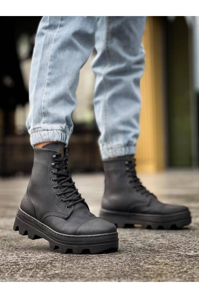 KN023 Erkek Spor Günlük Bağcıklı Cilt Bot CST - Siyah