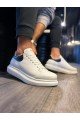 KN043 Erkek Günlük Bağcıklı Cilt Spor Sneaker Ayakkabı CBT - Beyaz/Siyah