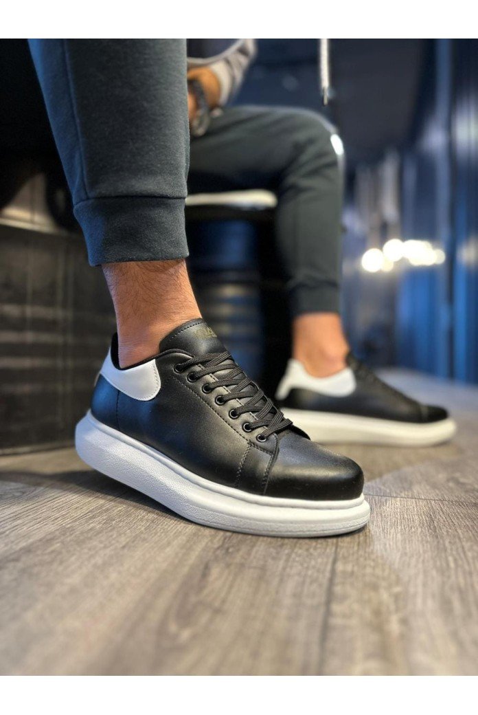 KN043 Erkek Günlük Bağcıklı Cilt Spor Sneaker Ayakkabı CBT - Siyah/Beyaz