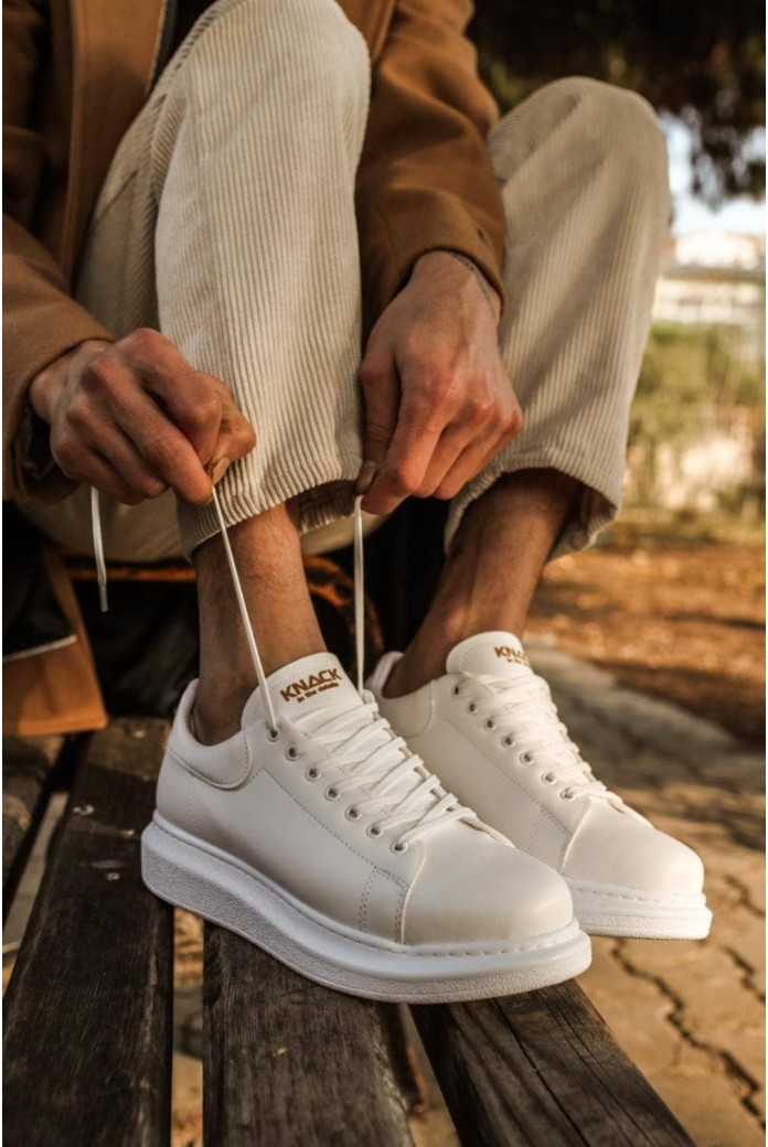 KN044 Erkek Günlük Bağcıklı Cilt Spor Sneaker Ayakkabı CBT - Beyaz