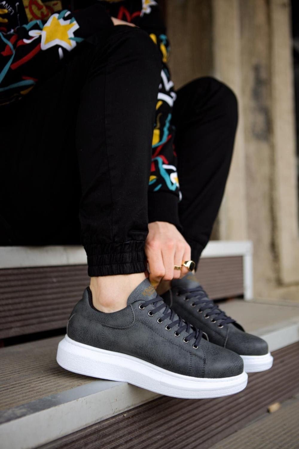 KN044 Erkek Günlük Bağcıklı Cilt Spor Sneaker Ayakkabı CBT - Gri – Knack Erkek Ayakkabı
