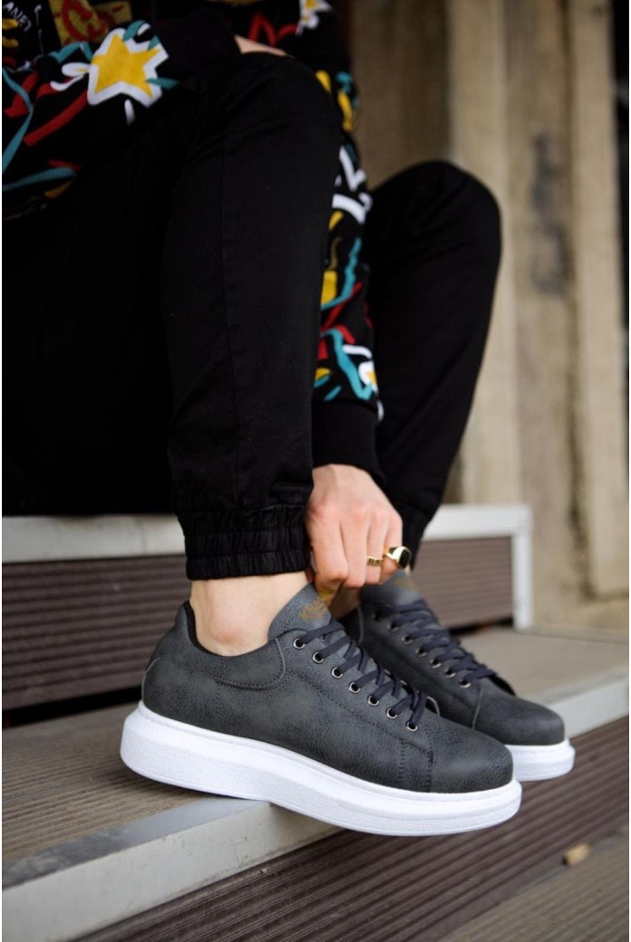 KN044 Erkek Günlük Bağcıklı Cilt Spor Sneaker Ayakkabı CBT - Gri