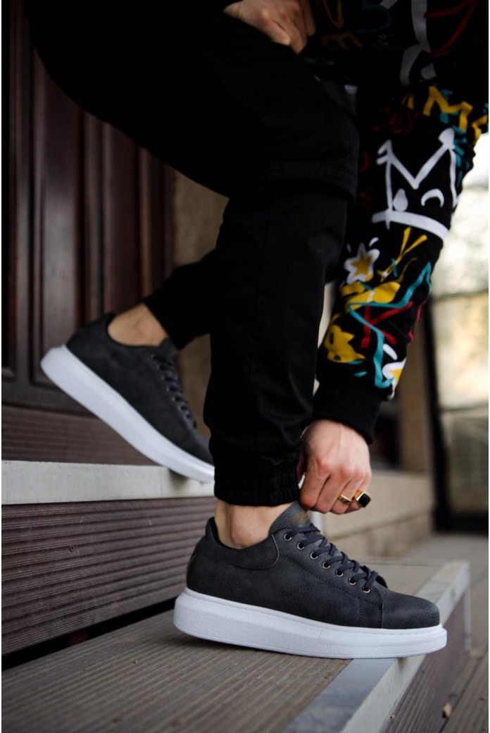 KN044 Erkek Günlük Bağcıklı Cilt Spor Sneaker Ayakkabı CBT - Gri