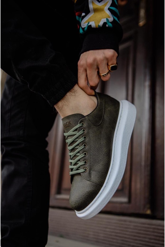 KN044 Erkek Günlük Bağcıklı Cilt Spor Sneaker Ayakkabı CBT - Haki