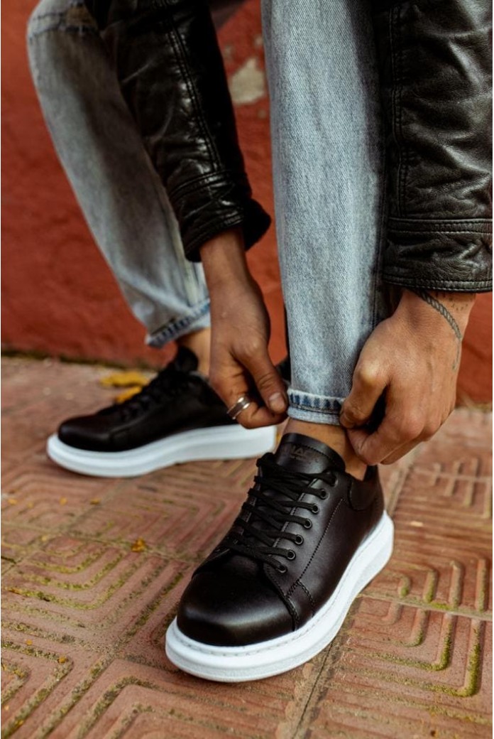 KN044 Erkek Günlük Bağcıklı Cilt Spor Sneaker Ayakkabı CBT - Siyah