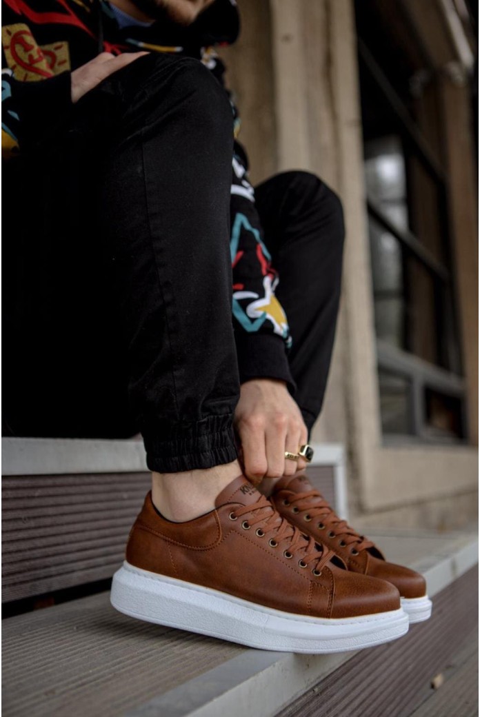 KN044 Erkek Günlük Bağcıklı Cilt Spor Sneaker Ayakkabı CBT - Taba