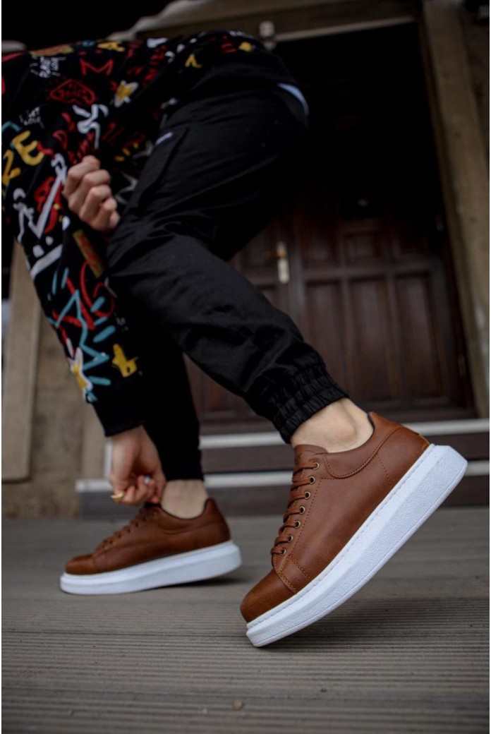 KN044 Erkek Günlük Bağcıklı Cilt Spor Sneaker Ayakkabı CBT - Taba