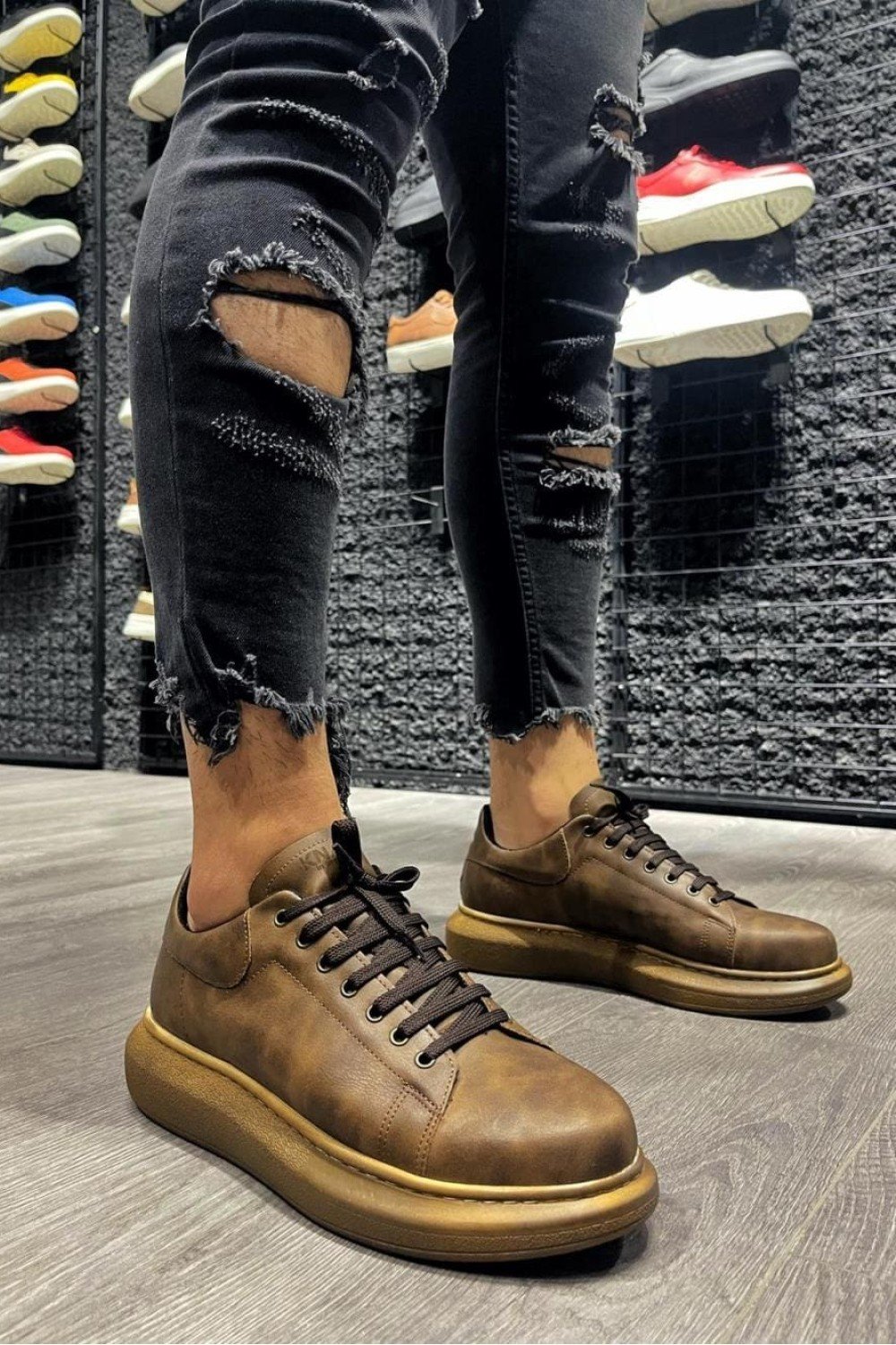 KN044 Erkek Günlük Bağcıklı Cilt Spor Sneaker Ayakkabı CKT - Kahverengi – Knack Erkek Ayakkabı