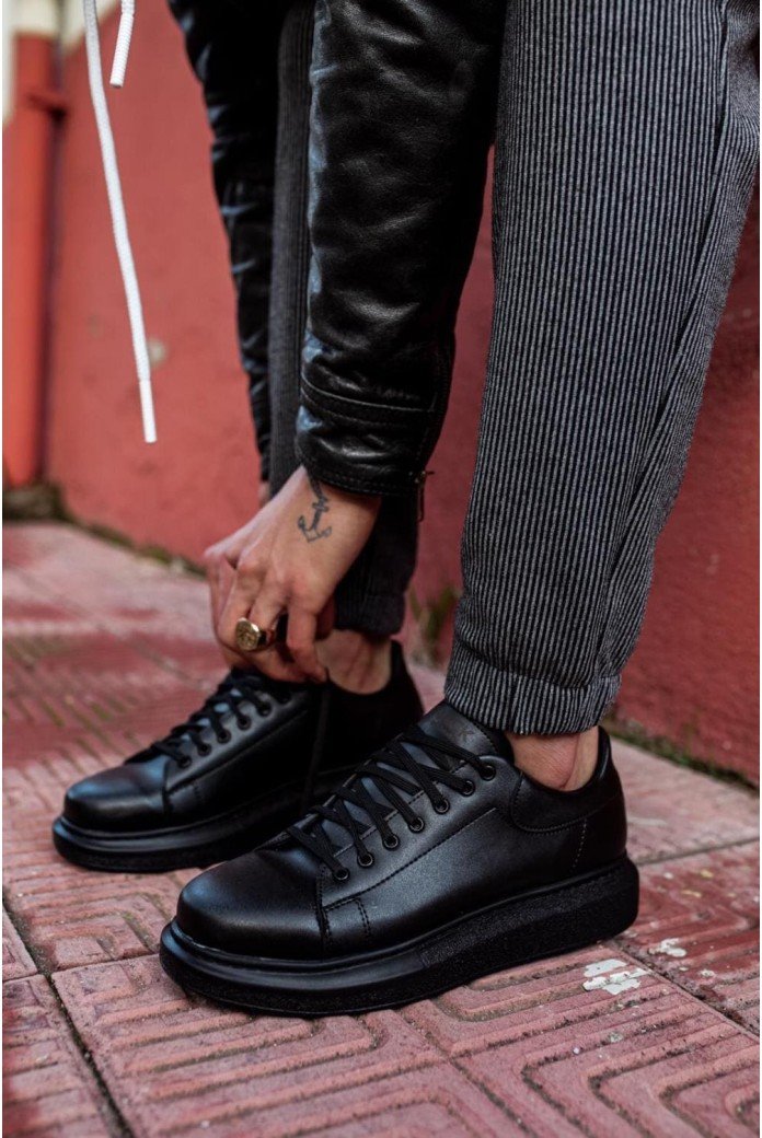 KN044 Erkek Günlük Bağcıklı Cilt Spor Sneaker Ayakkabı CST - Siyah