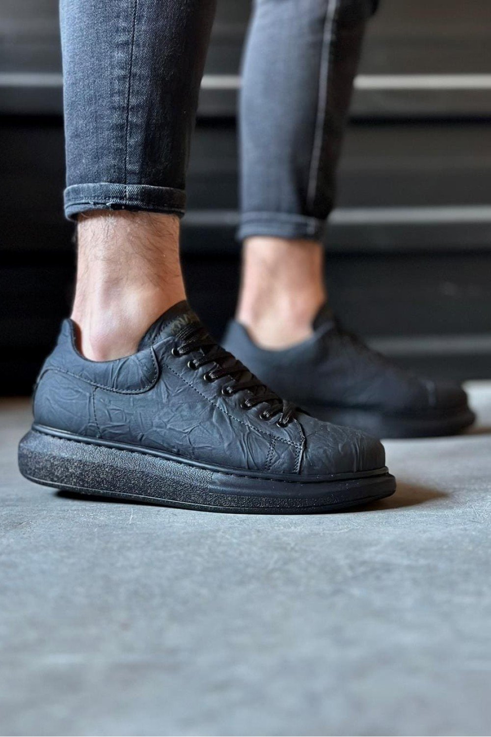 KN044 Erkek Günlük Bağcıklı Desenli Cilt Spor Sneaker Ayakkabı CST - Siyah – Knack Erkek Ayakkabı