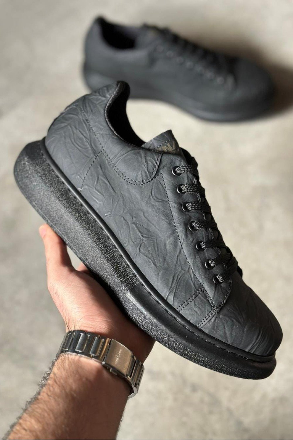 KN044 Erkek Günlük Bağcıklı Desenli Cilt Spor Sneaker Ayakkabı CST - Siyah – Knack Erkek Ayakkabı