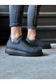 KN044 Erkek Günlük Bağcıklı Desenli Cilt Spor Sneaker Ayakkabı CST - Siyah